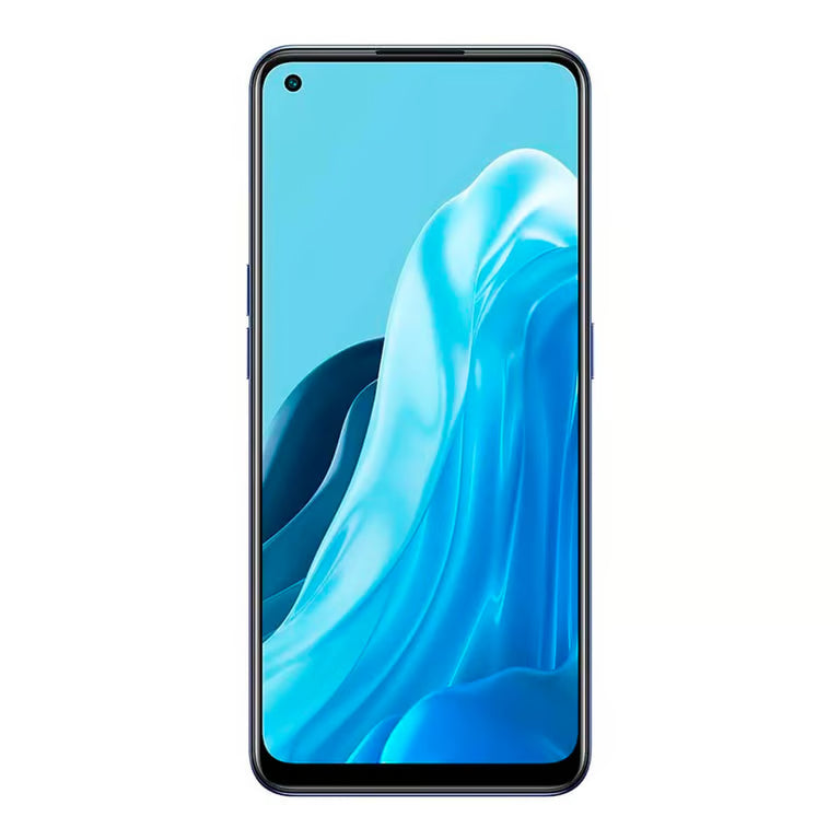 A front-facing smartphone with a black bezel and a blue-and-white abstract wallpaper on the screen, centered on a plain white background.