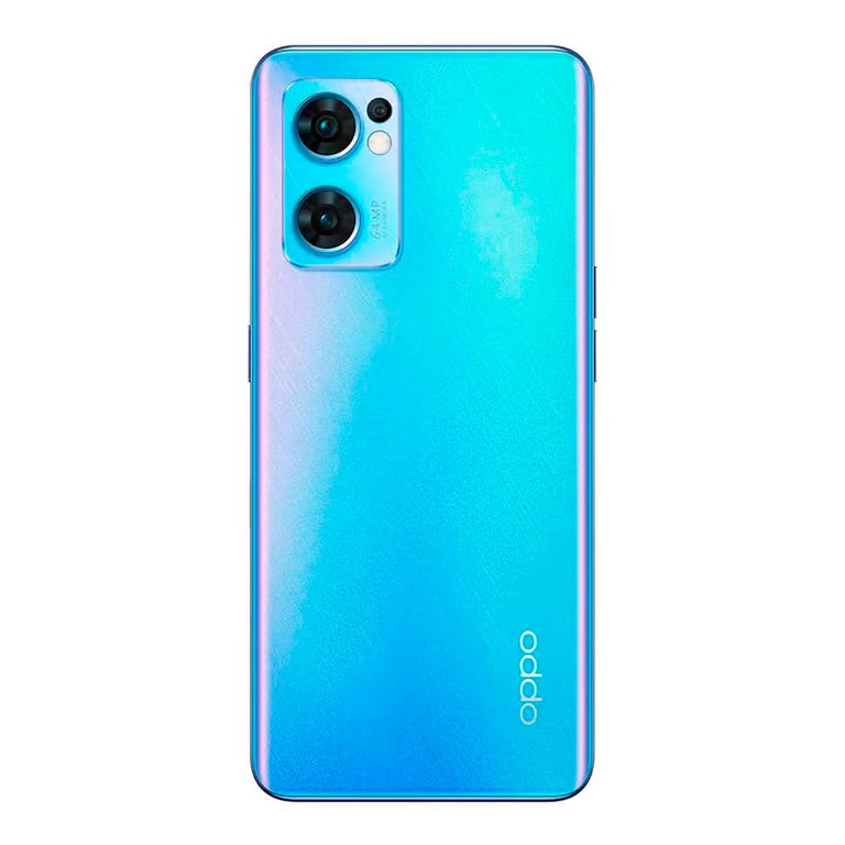 An OPPO smartphone shown from the back, featuring a vibrant blue and cyan gradient finish with a dual-camera cutout in the upper left corner.