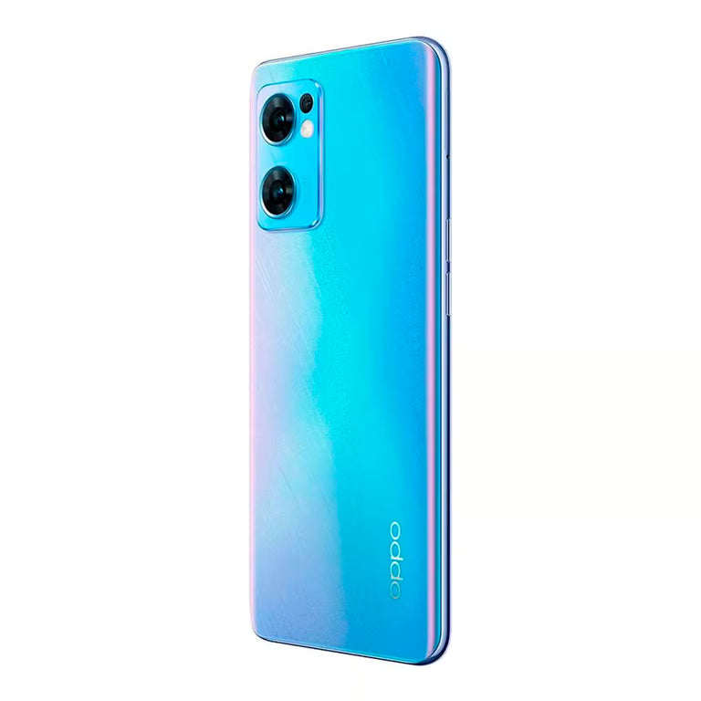 An OPPO smartphone shown from the back, featuring a glossy blue and cyan gradient finish with a dual-camera cutout in the upper left corner.