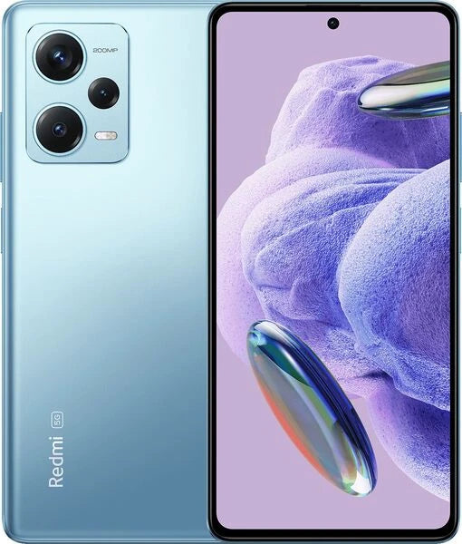 A light blue Redmi smartphone shown from the back and front. The back features a large triple-camera module and the Redmi logo near the bottom.