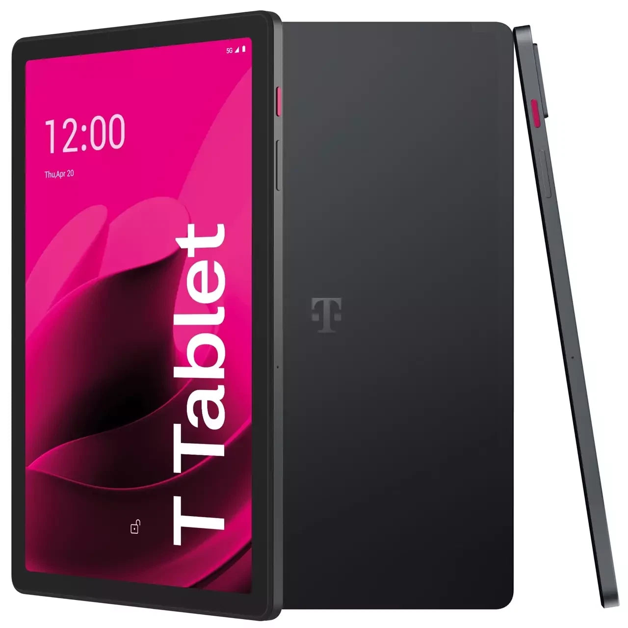 A black T Tablet smartphone shown from three angles: front view with a bright pink screen displaying 'T Tablet' and the time 12:00, back view showing a large black backplate with a gray T logo, and a side profile view.
