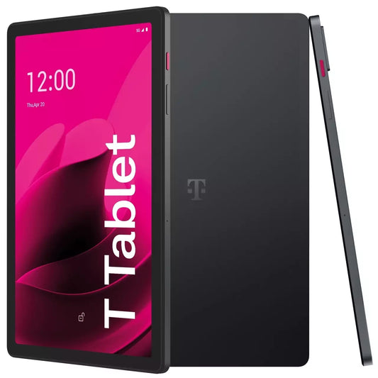 A black T Tablet smartphone shown from three angles: front view with a bright pink screen displaying 'T Tablet' and the time 12:00, back view showing a large black backplate with a gray T logo, and a side profile view.