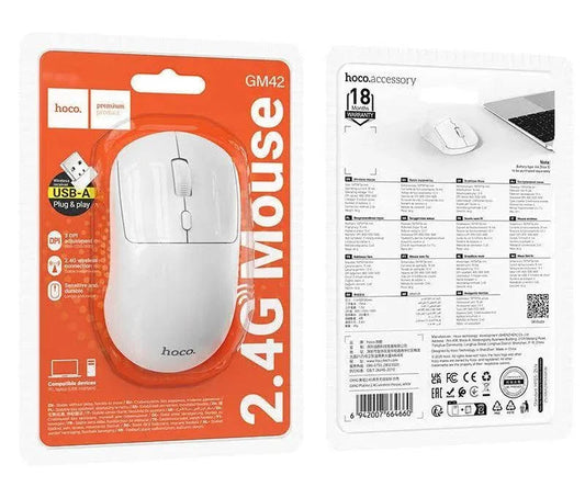 Hoco GM42 2.4G Wireless Mouse White - Retail Packaging Front and Back with USB-A Nano Receiver