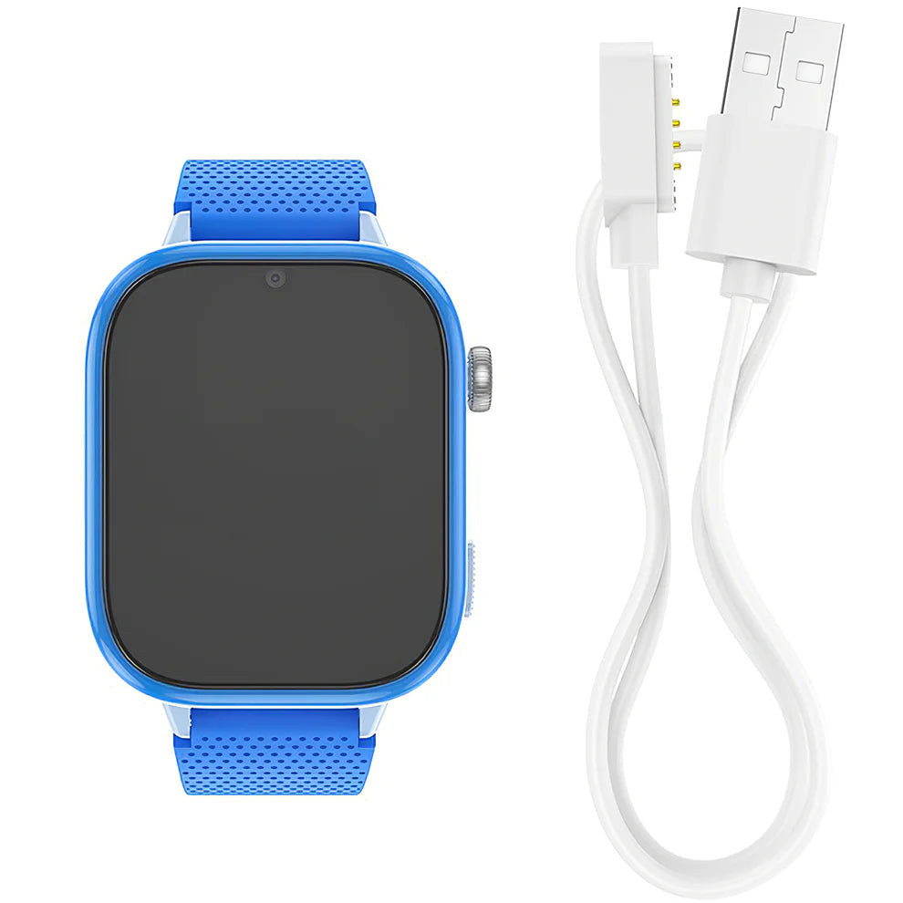 A kids' smartwatch with a bright blue rounded rectangular face and matching blue perforated strap, shown next to a white USB charging cable on a plain white background.