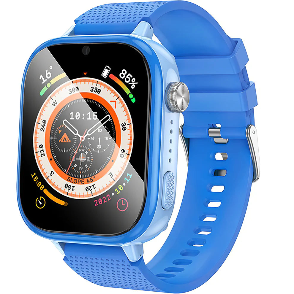 A kids' smartwatch with a bright blue silicone strap and a light blue casing, shown on a plain white background. The watch face is active with various digital time and weather displays.