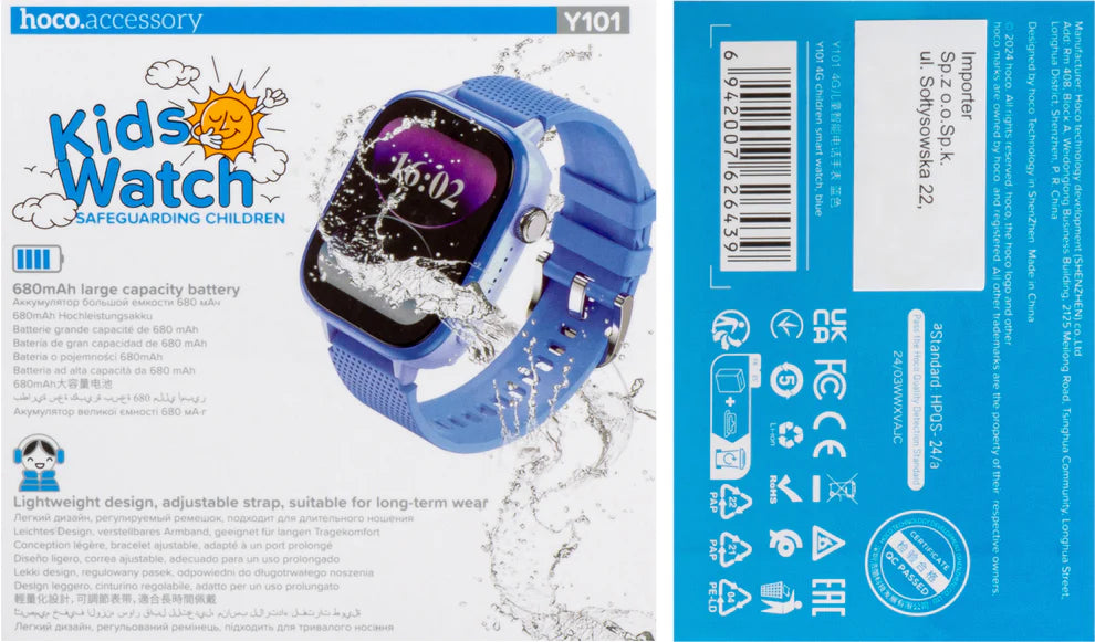 Front and back views of the Hoco Accessory Kids Watch Y101 packaging box. The front features a blue smartwatch with water splash graphics, while the back displays a blue background with a barcode, product specifications, and safety icons.