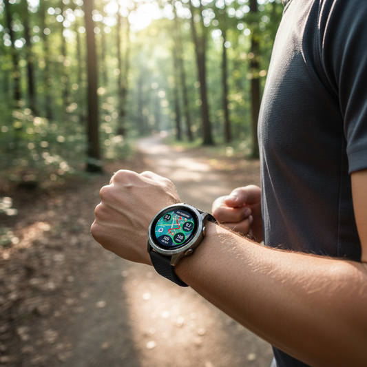 A close-up of a person's wrist wearing a black smartwatch with a dark display showing a fitness map, set against a blurred forest path background.