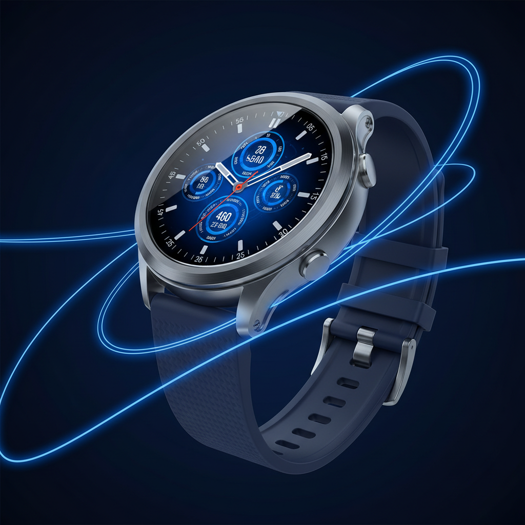 A silver smartwatch with a dark blue textured strap, shown at an angle against a dark navy background with glowing blue light trails. The watch face displays a blue and black digital interface.