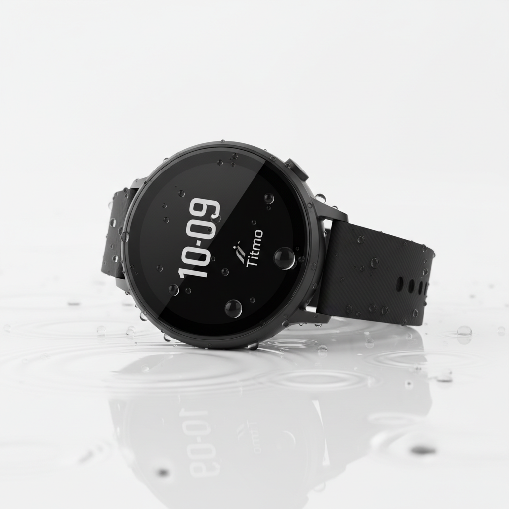 A black smartwatch with a round face and matching black strap, shown resting on a glossy white surface with water droplets on it. The watch face displays the time 10:09 and the brand name 'Timo'.