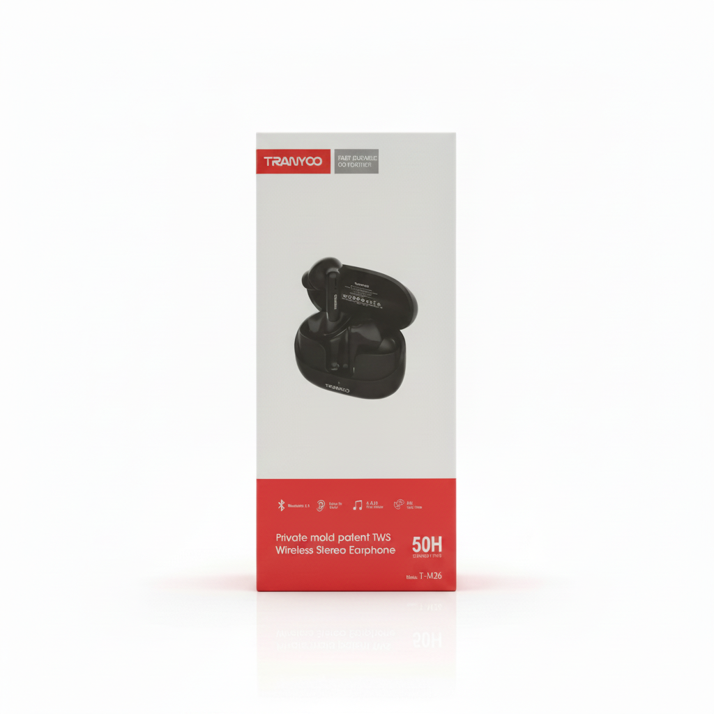 A tall rectangular product box for a TRAFOCO branded wireless earphone, shown upright on a clean white background. The box is mostly white with a red band at the bottom and a black photo of the earphone in the center.