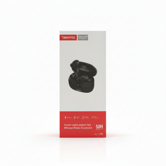 A tall rectangular product box for a TRAFOCO branded wireless earphone, shown upright on a clean white background. The box is mostly white with a red band at the bottom and a black photo of the earphone in the center.