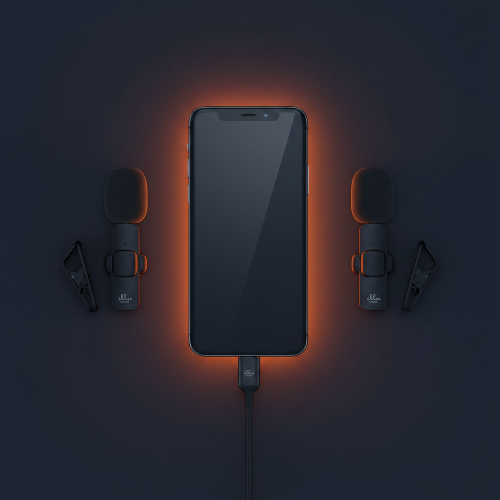 A smartphone centered on a dark background, with two small black audio clip-on devices placed on each side and a cable connected at the bottom. The scene is lit with a warm orange glow around the phone, and no readable brand is visible.