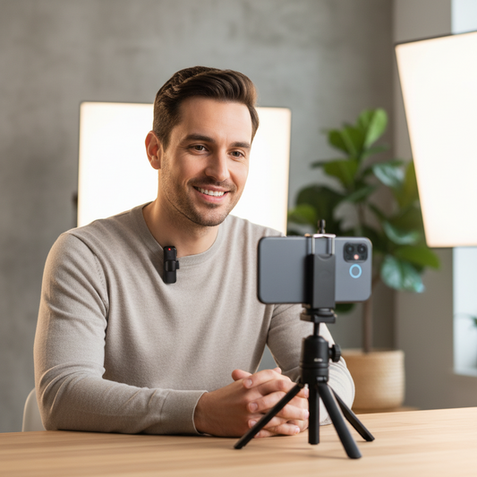 A man wearing a beige long-sleeve shirt sits at a wooden table with a smartphone mounted on a small black tripod in front of him. He is smiling and looking toward the camera, with a lavalier microphone clipped to his shirt.
