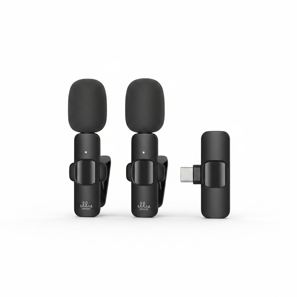 Two black wireless lapel microphones with foam windshields and a separate black USB-C receiver, shown on a clean white background.