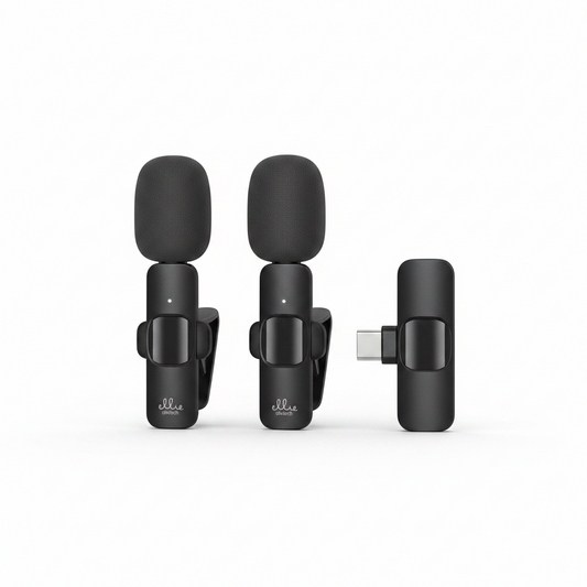 Two black wireless lapel microphones with foam windshields and a separate black USB-C receiver, shown on a clean white background.
