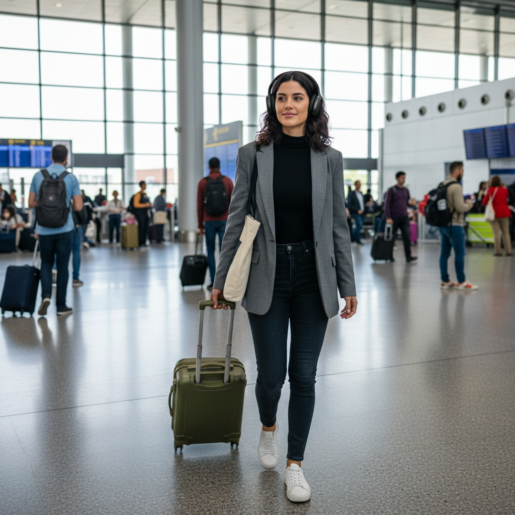 Woman wearing Honor Choice Headphones at airport
