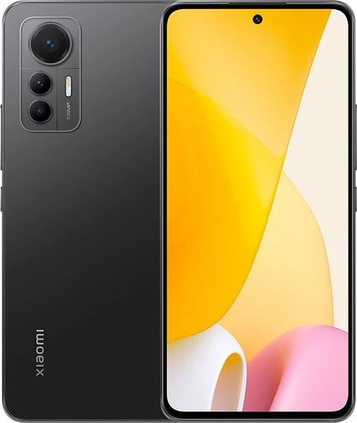 Black Xiaomi smartphone shown from the back and front, with three rear cameras and a colorful yellow, white, and pink display on a clean white background.